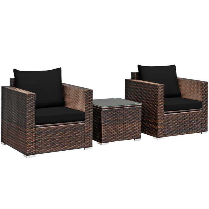 3PCS Rattan Patio Outdoor Conversation Furniture Set w/ Black Cushions Image 2