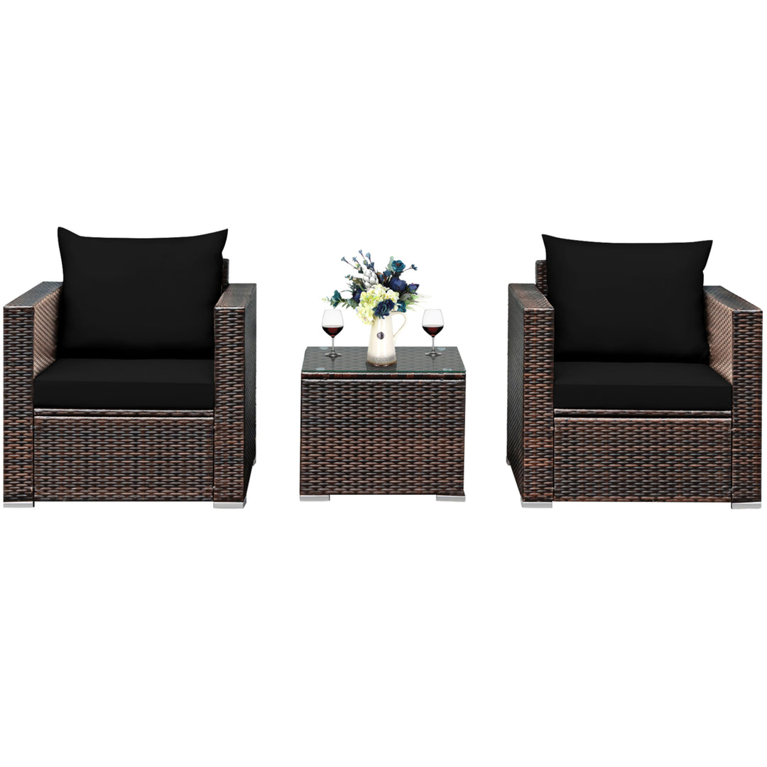 3PCS Rattan Patio Outdoor Conversation Furniture Set w/ Black Cushions Image 10