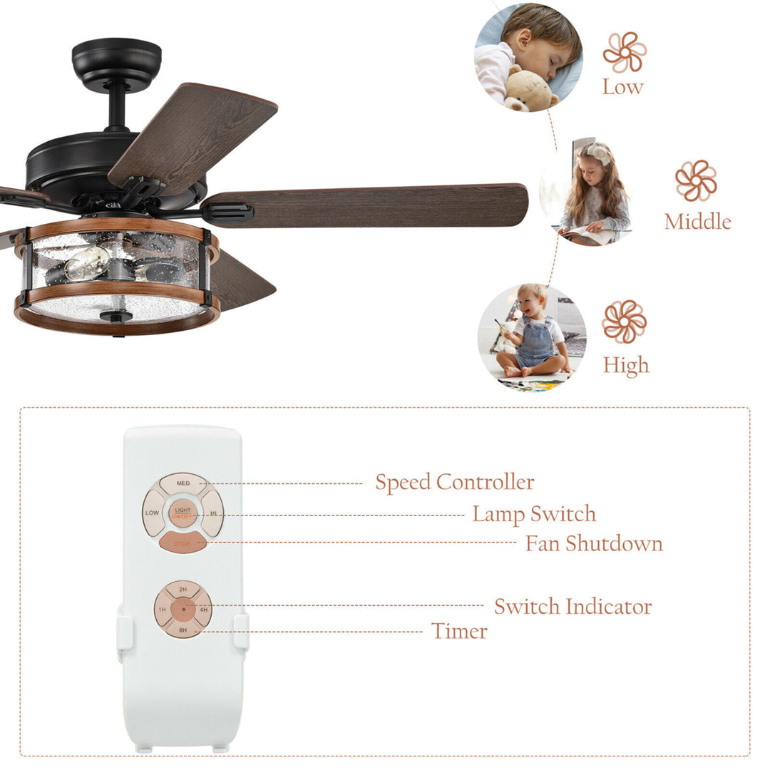 52 Retro Ceiling Fan Lamp w/Glass Shade Reversible Blade Remote Control Image 9