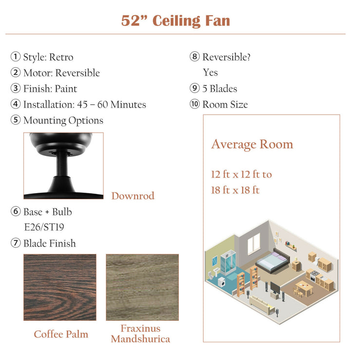 52 Retro Ceiling Fan Lamp w/Glass Shade Reversible Blade Remote Control Image 10