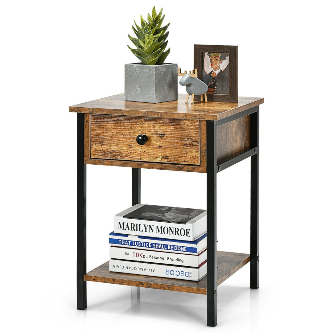 Industrial End Side Table Nightstand with Drawer Shelf Rustic Brown Image 10