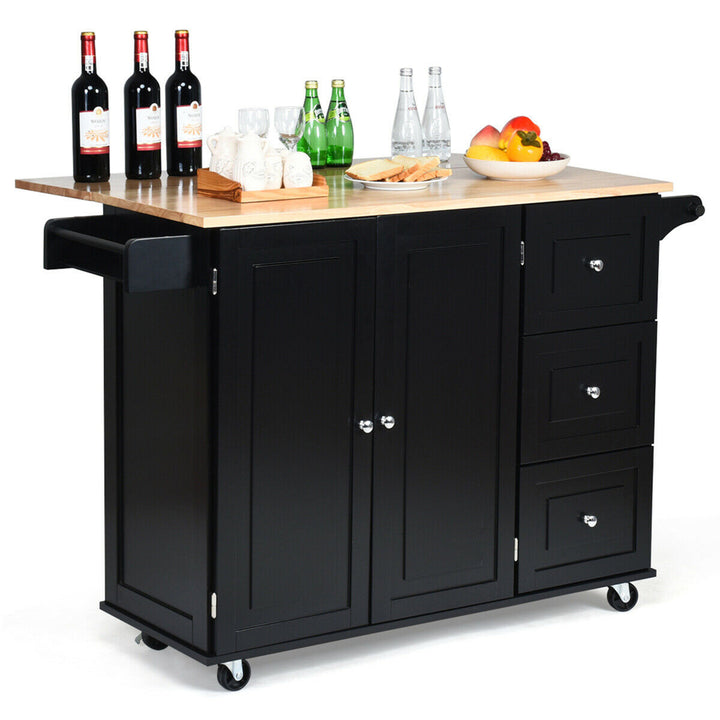 Drop-Leaf Kitchen Island Trolley Cart Wood Storage Cabinet w/ Spice Rack Black Image 1