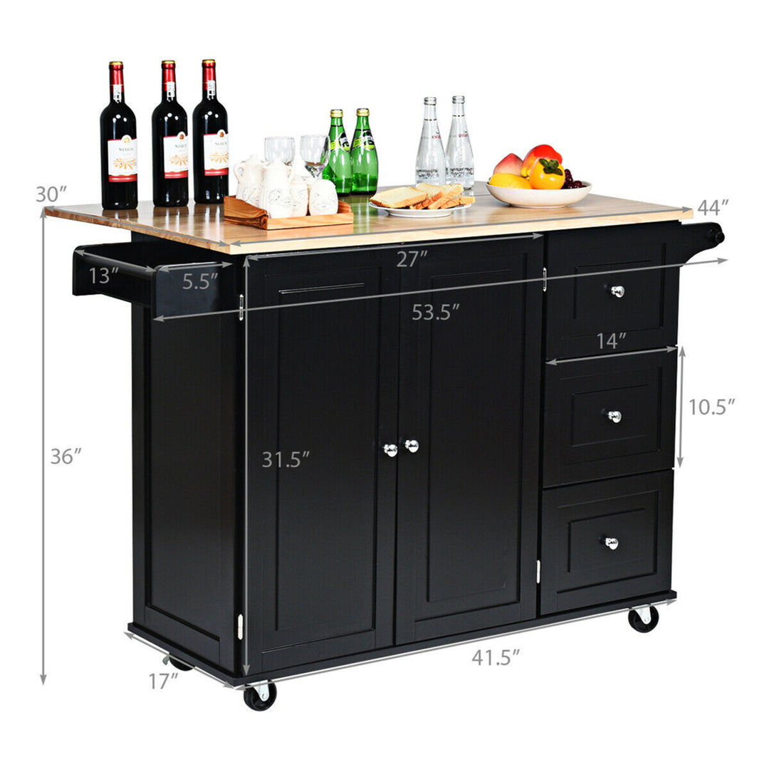 Drop-Leaf Kitchen Island Trolley Cart Wood Storage Cabinet w/ Spice Rack Black Image 2