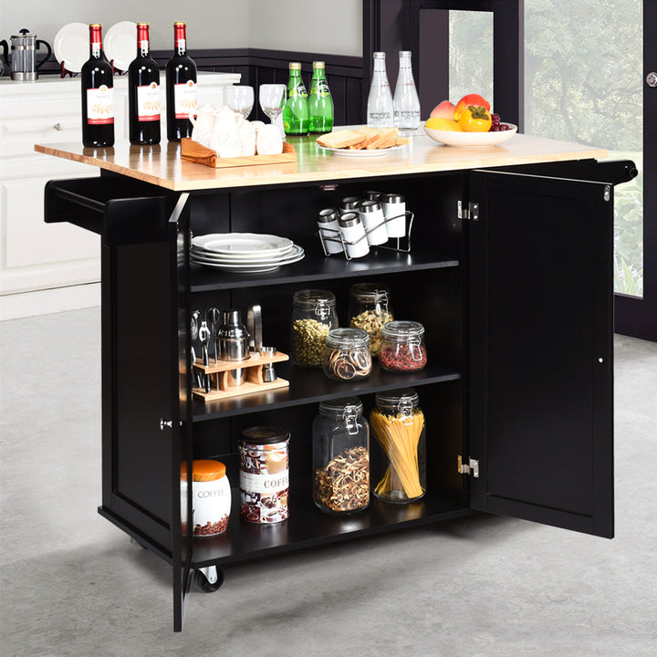 Drop-Leaf Kitchen Island Trolley Cart Wood Storage Cabinet w/ Spice Rack Black Image 3