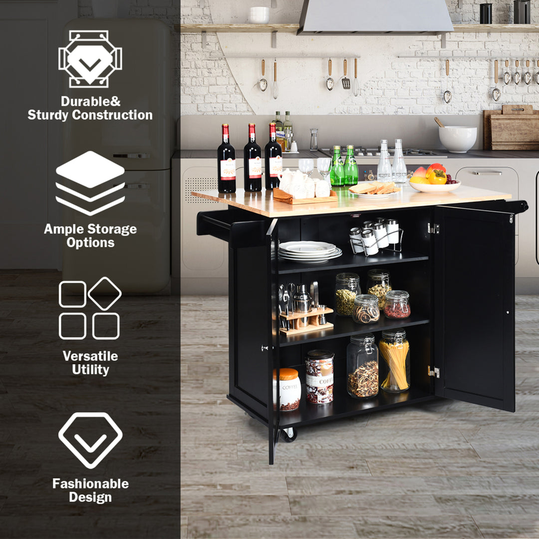 Drop-Leaf Kitchen Island Trolley Cart Wood Storage Cabinet w/ Spice Rack Black Image 5