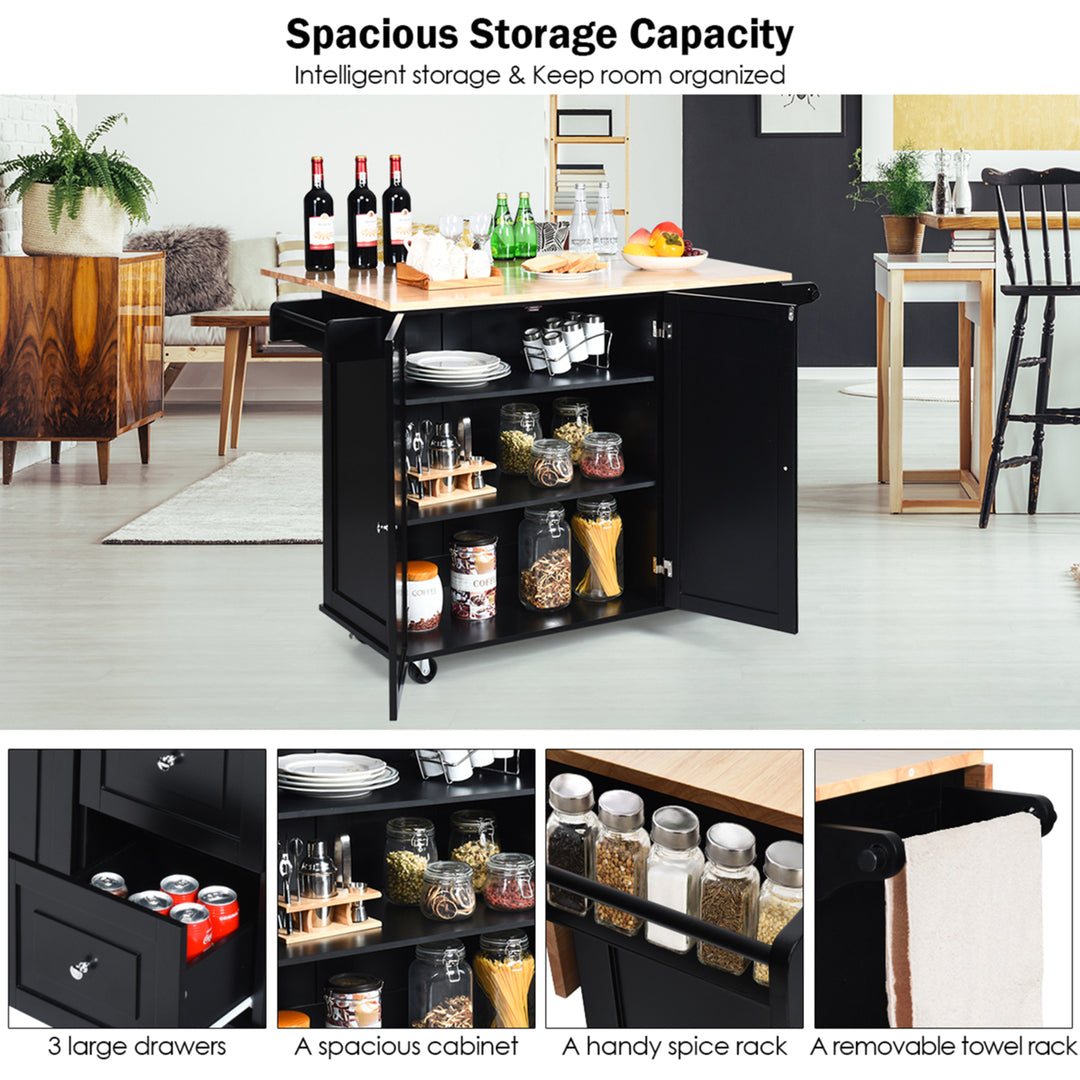 Drop-Leaf Kitchen Island Trolley Cart Wood Storage Cabinet w/ Spice Rack Black Image 6