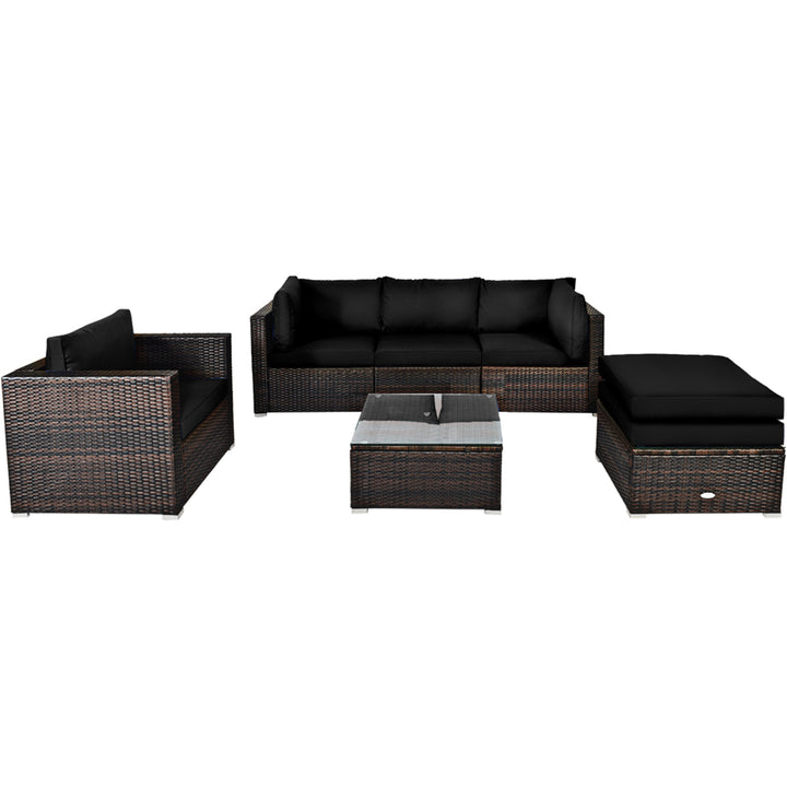 6PCS Patio Conversation Set Rattan Sectional Furniture Set w/ Black Cushions Image 1