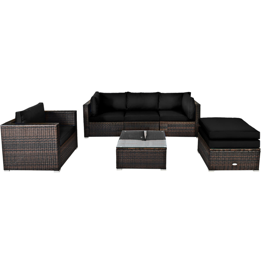 6PCS Patio Conversation Set Rattan Sectional Furniture Set w/ Black Cushions Image 1