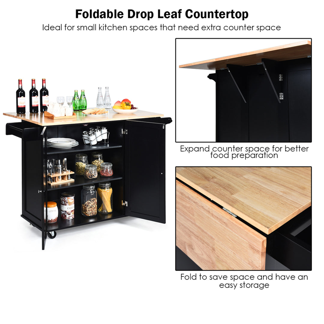 Drop-Leaf Kitchen Island Trolley Cart Wood Storage Cabinet w/ Spice Rack Black Image 7