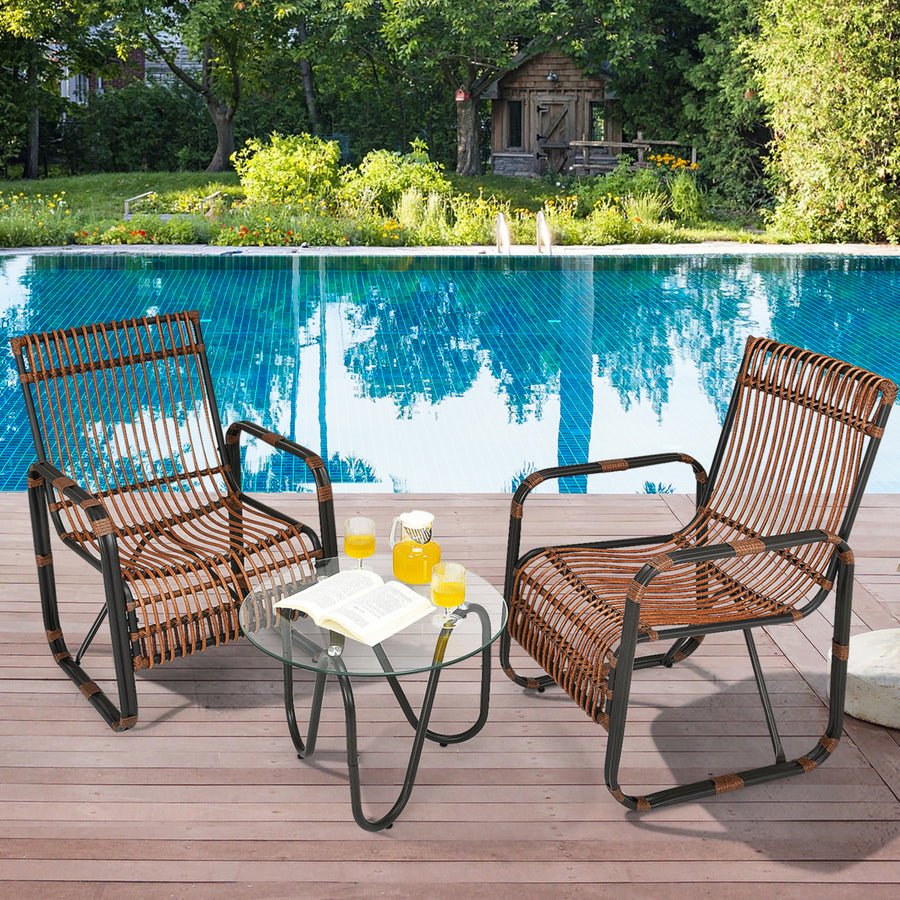 3PCS Rattan Patio Conversation Set Bistro Furniture Set w/ Glass Table Image 1