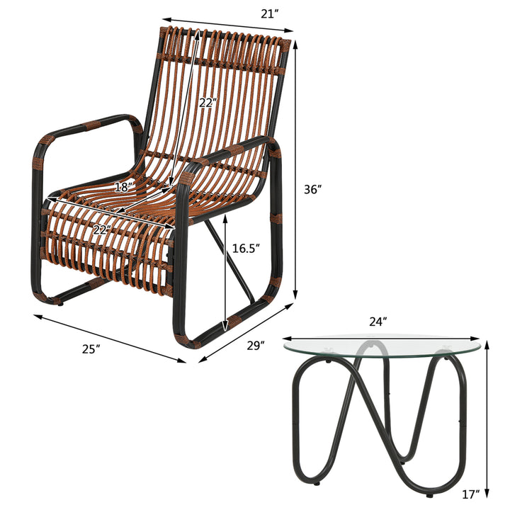 3PCS Rattan Patio Conversation Set Bistro Furniture Set w/ Glass Table Image 8