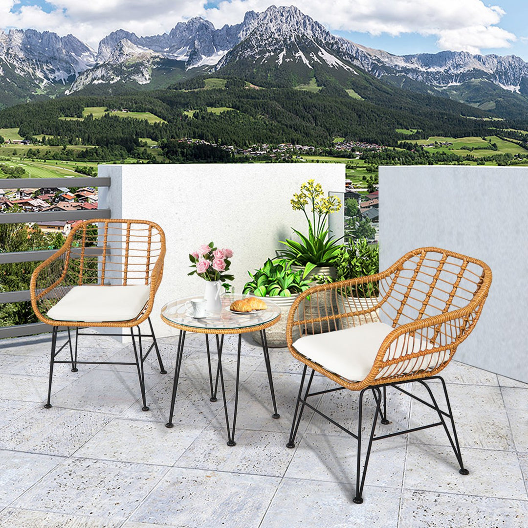 3PCS Rattan Patio Bistro Set Conversation Furniture Set w/ Cushions Image 5