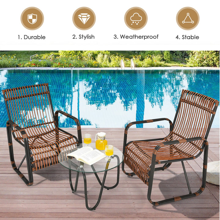 3PCS Rattan Patio Conversation Set Bistro Furniture Set w/ Glass Table Image 3