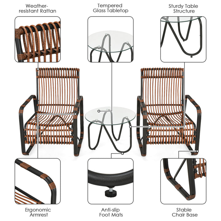 3PCS Rattan Patio Conversation Set Bistro Furniture Set w/ Glass Table Image 4