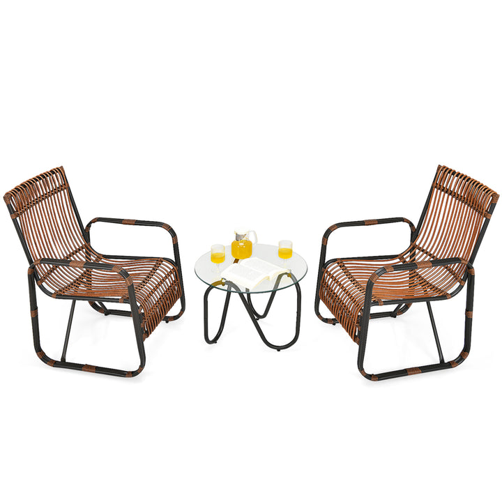 3PCS Rattan Patio Conversation Set Bistro Furniture Set w/ Glass Table Image 5