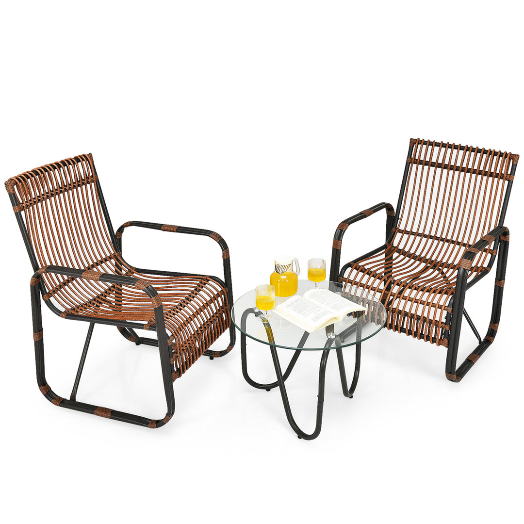 3PCS Rattan Patio Conversation Set Bistro Furniture Set w/ Glass Table Image 6