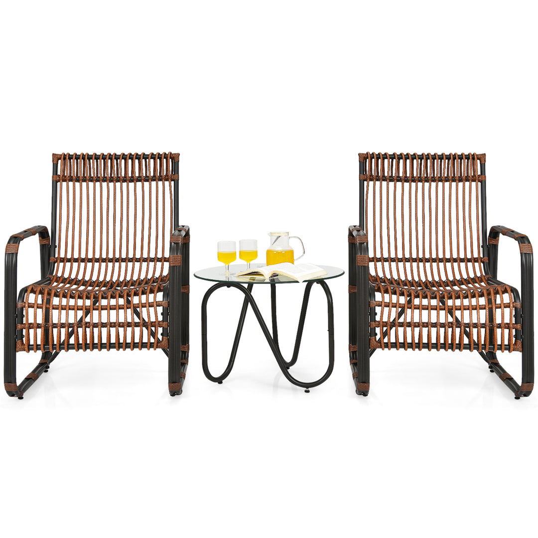 3PCS Rattan Patio Conversation Set Bistro Furniture Set w/ Glass Table Image 7