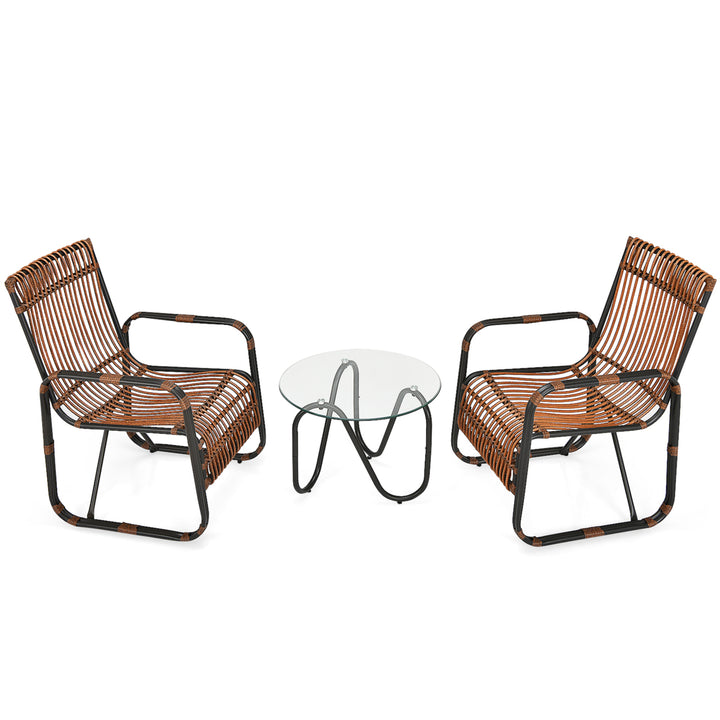 3PCS Rattan Patio Conversation Set Bistro Furniture Set w/ Glass Table Image 2