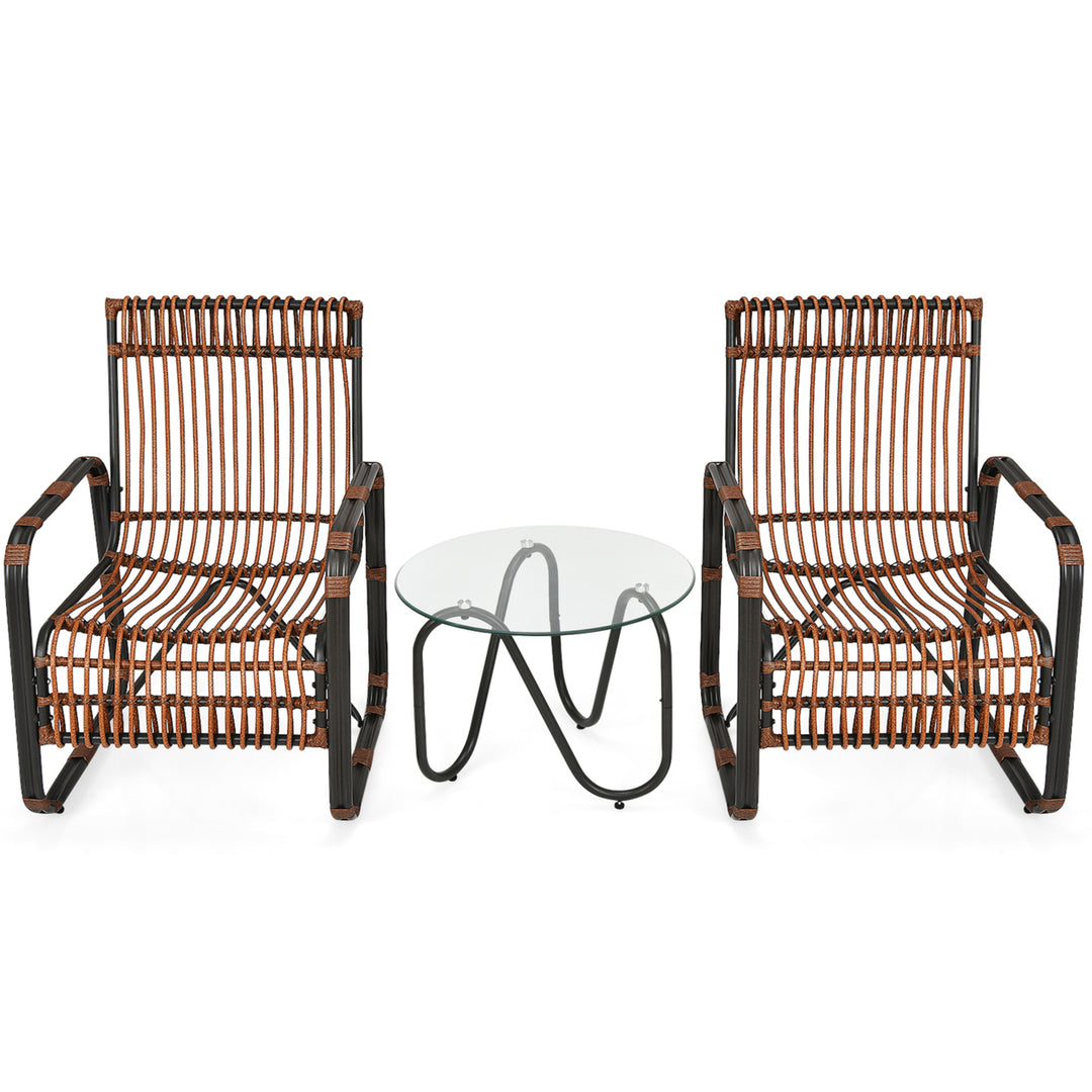 3PCS Rattan Patio Conversation Set Bistro Furniture Set w/ Glass Table Image 9