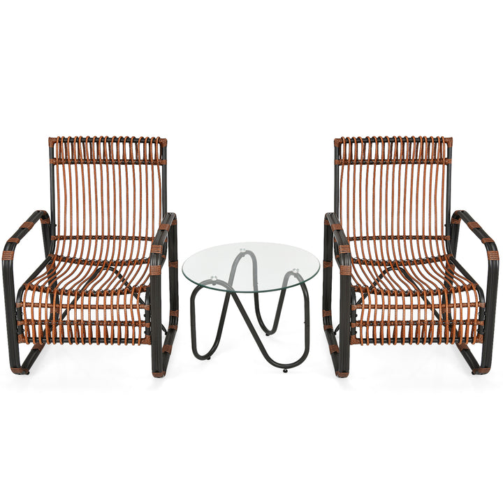 3PCS Rattan Patio Conversation Set Bistro Furniture Set w/ Glass Table Image 9