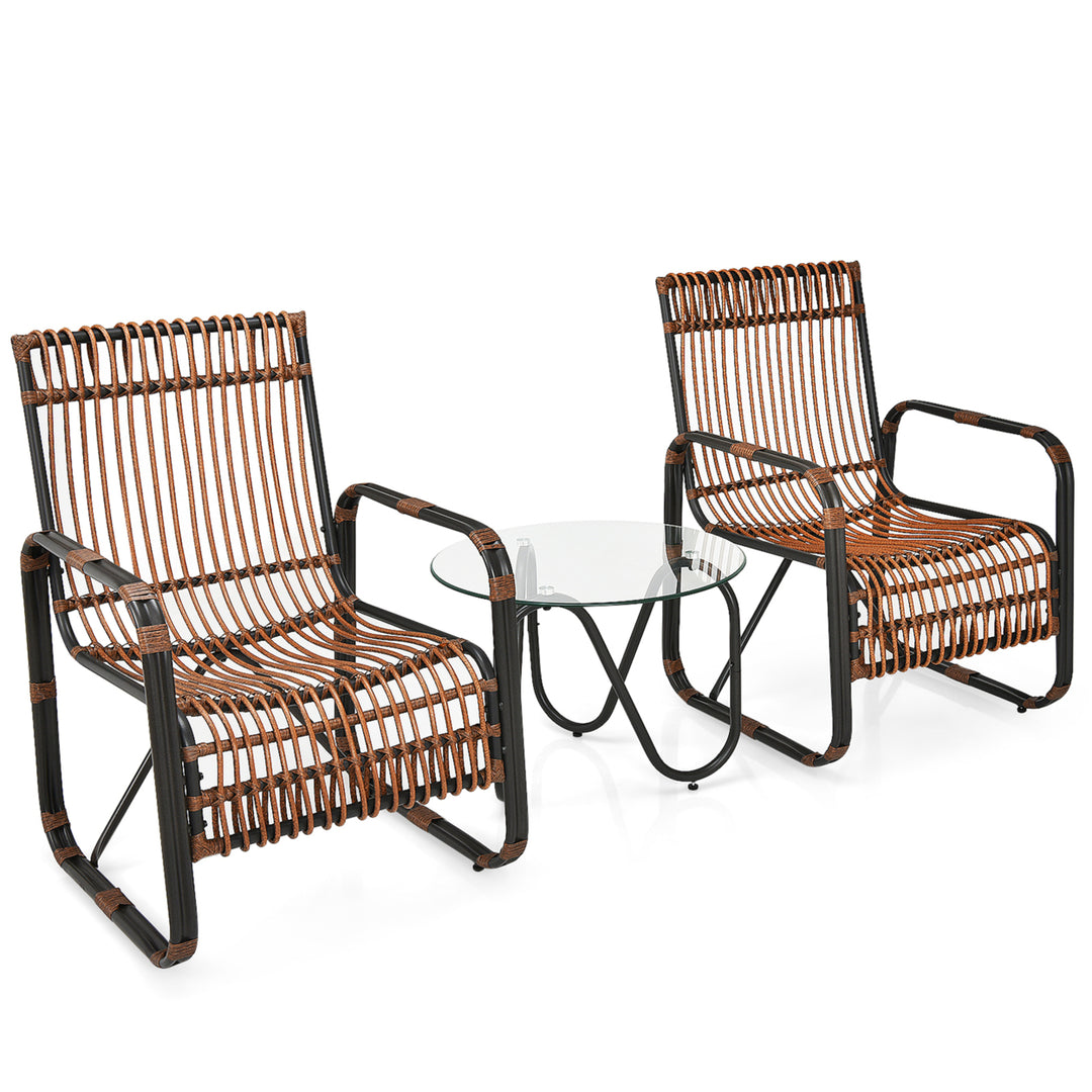 3PCS Rattan Patio Conversation Set Bistro Furniture Set w/ Glass Table Image 10