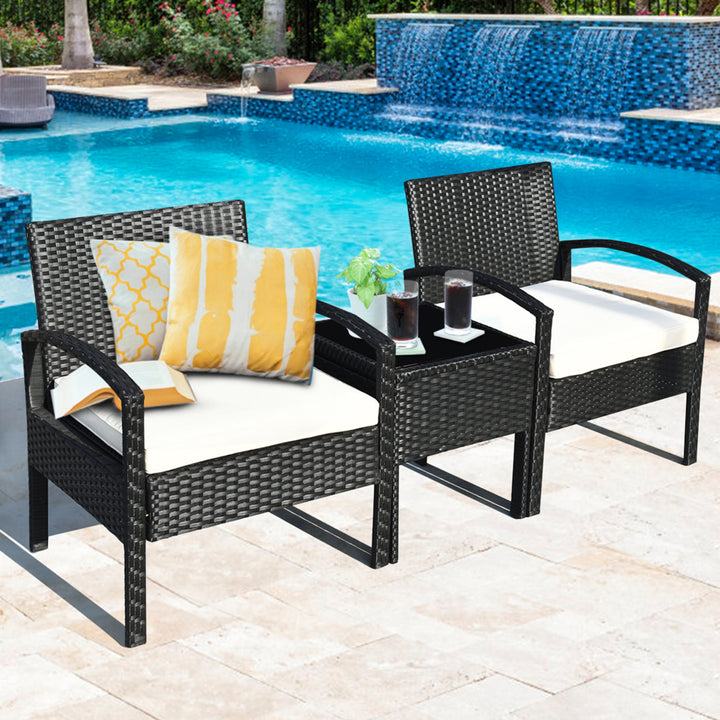 3PCS Patio Rattan Furniture Set Conversation Sofa Cushioned Coffee Table Garden Image 3