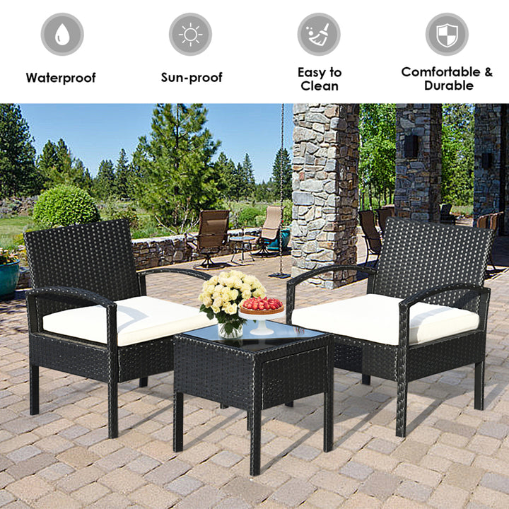 3PCS Patio Rattan Furniture Set Conversation Sofa Cushioned Coffee Table Garden Image 4