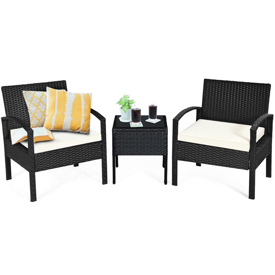 3PCS Patio Rattan Furniture Set Conversation Sofa Cushioned Coffee Table Garden Image 8