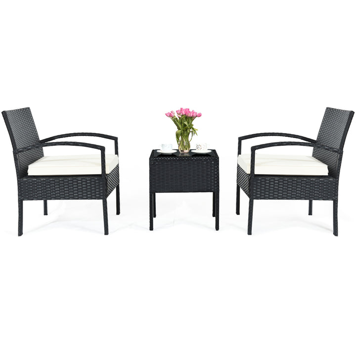 3PCS Patio Rattan Furniture Set Conversation Sofa Cushioned Coffee Table Garden Image 2