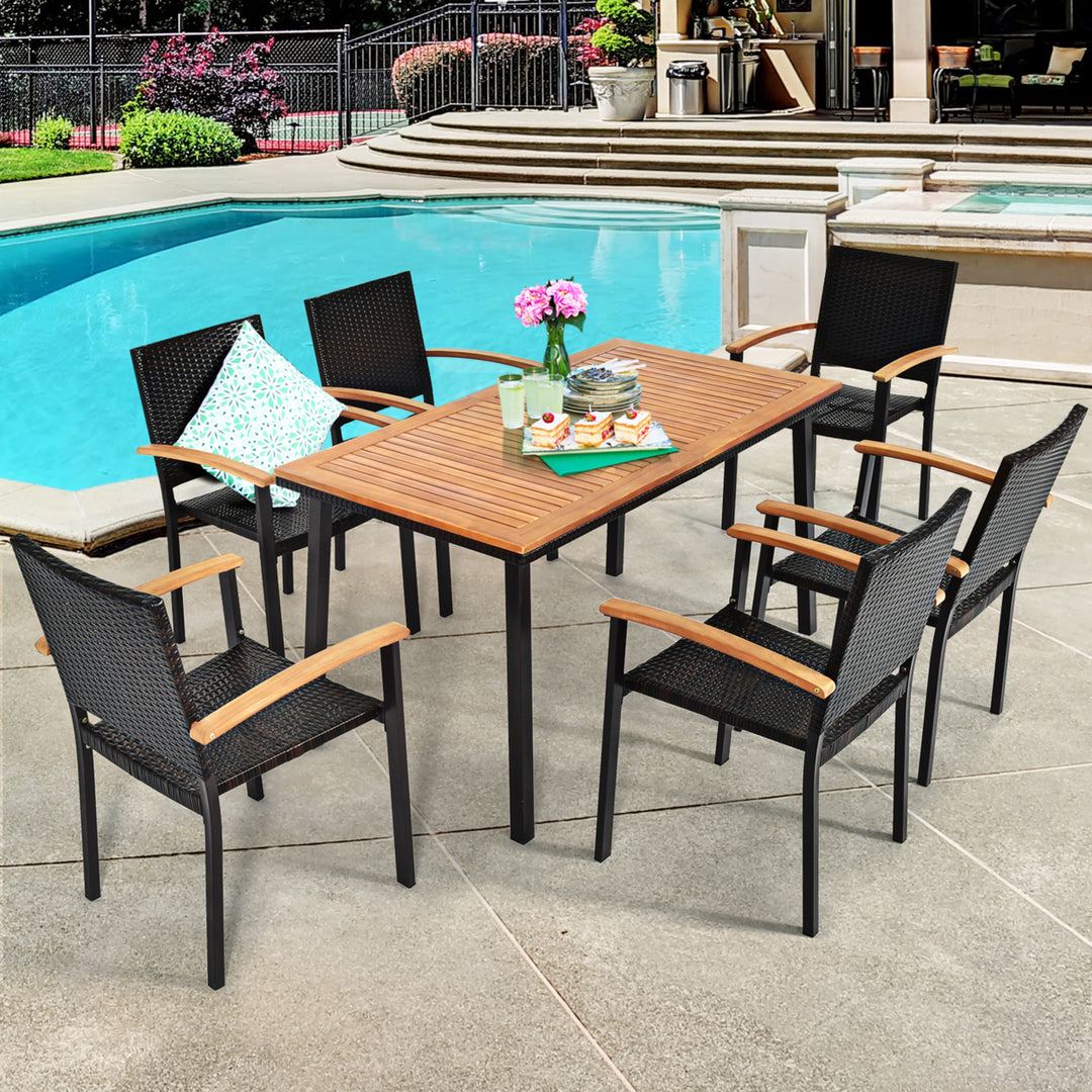 7PCS Rattan Outdoor Dining Set Patio Furniture Set w/ Wooden Tabletop Image 1