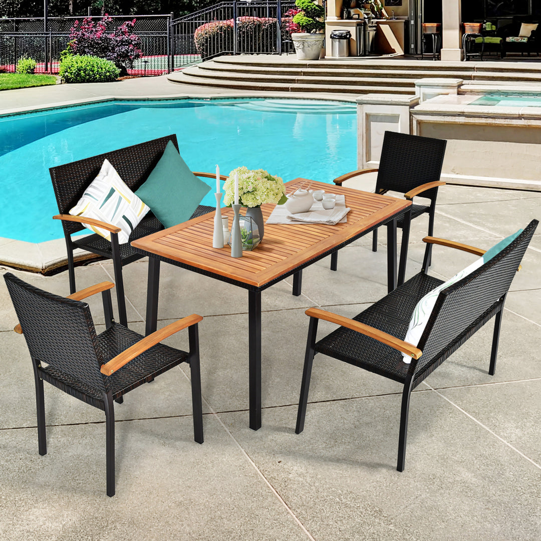 5PCS Rattan Outdoor Dining Set Patio Furniture Set w/ Wooden Tabletop Image 1