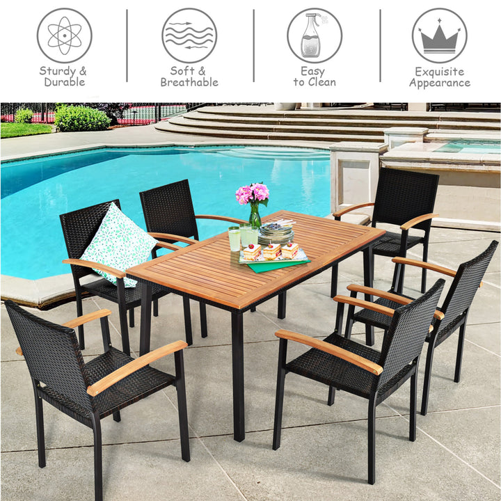 7PCS Rattan Outdoor Dining Set Patio Furniture Set w/ Wooden Tabletop Image 3