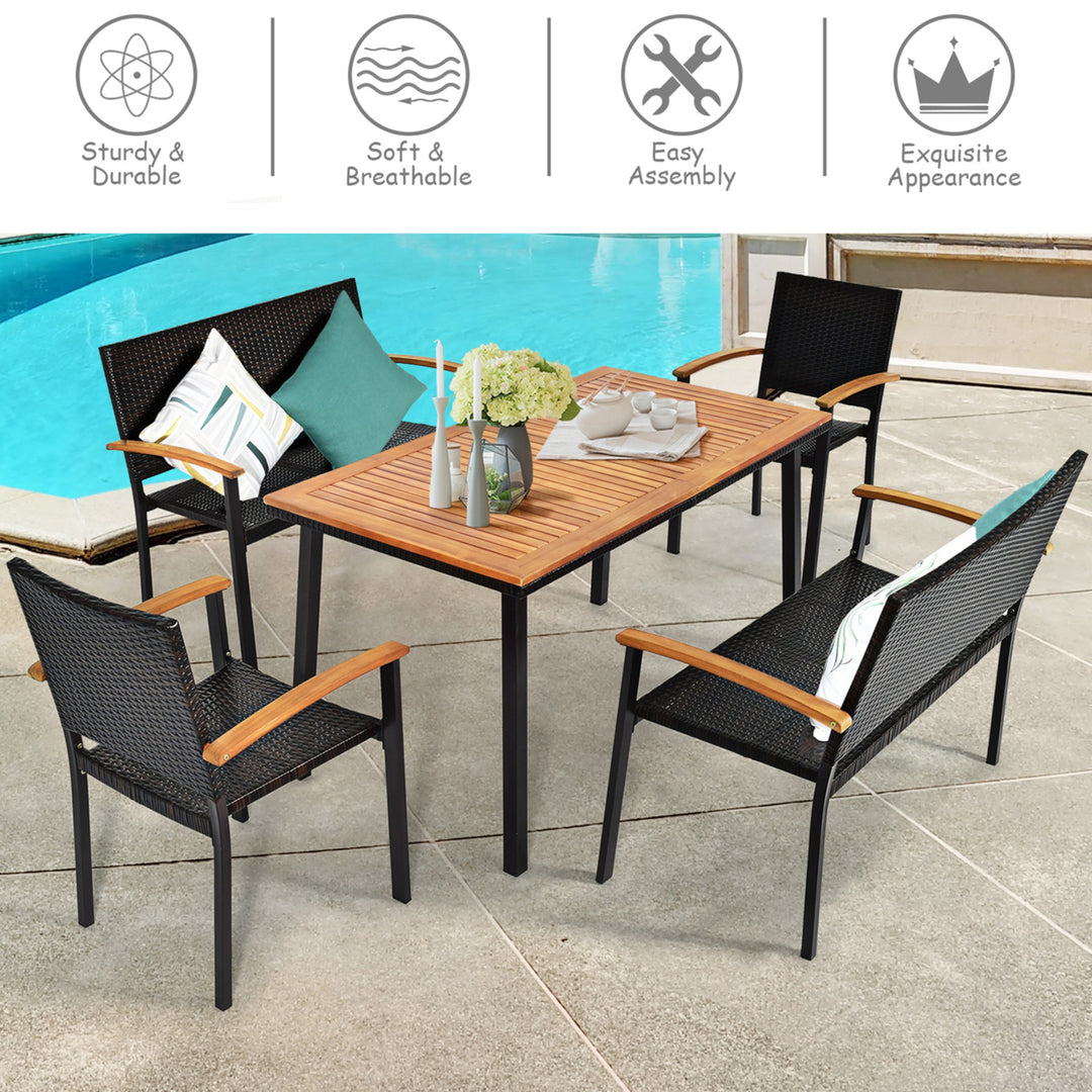 5PCS Rattan Outdoor Dining Set Patio Furniture Set w/ Wooden Tabletop Image 3