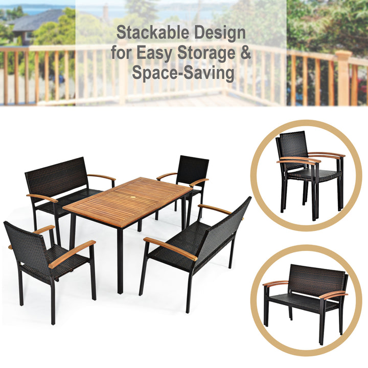 5PCS Rattan Outdoor Dining Set Patio Furniture Set w/ Wooden Tabletop Image 4