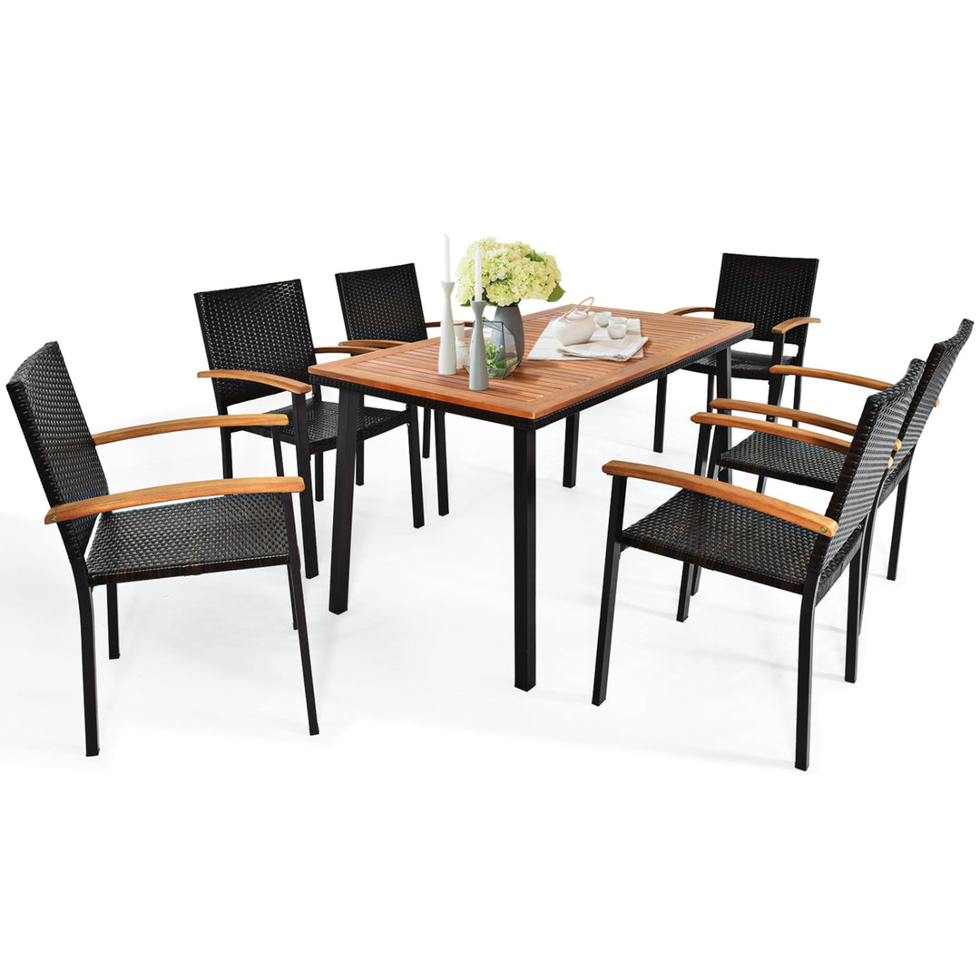 7PCS Rattan Outdoor Dining Set Patio Furniture Set w/ Wooden Tabletop Image 10