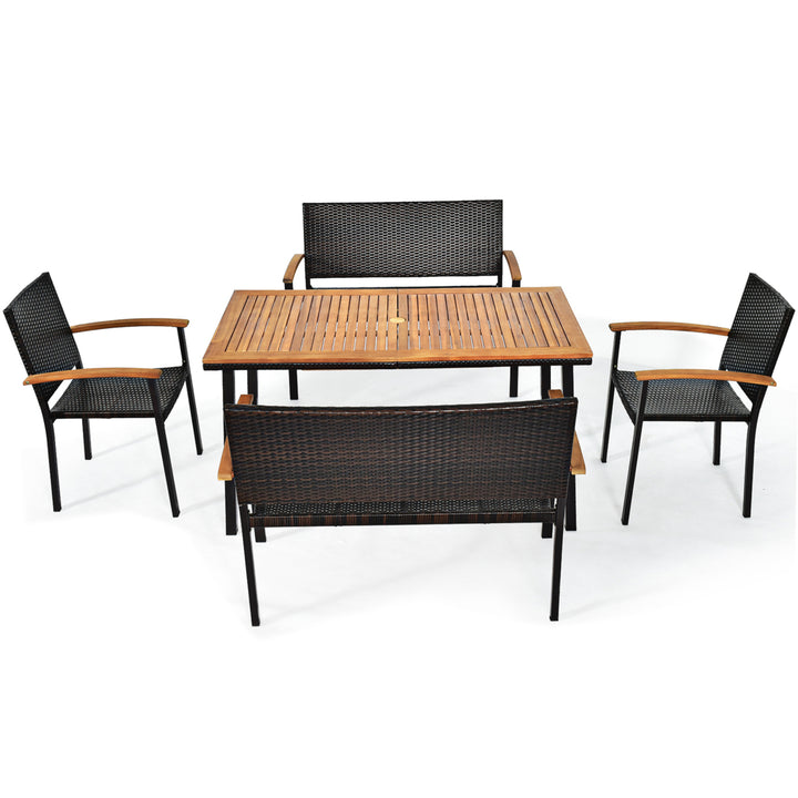 5PCS Rattan Outdoor Dining Set Patio Furniture Set w/ Wooden Tabletop Image 8