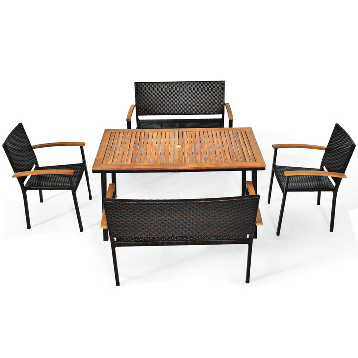 5PCS Rattan Outdoor Dining Set Patio Furniture Set w/ Wooden Tabletop Image 9