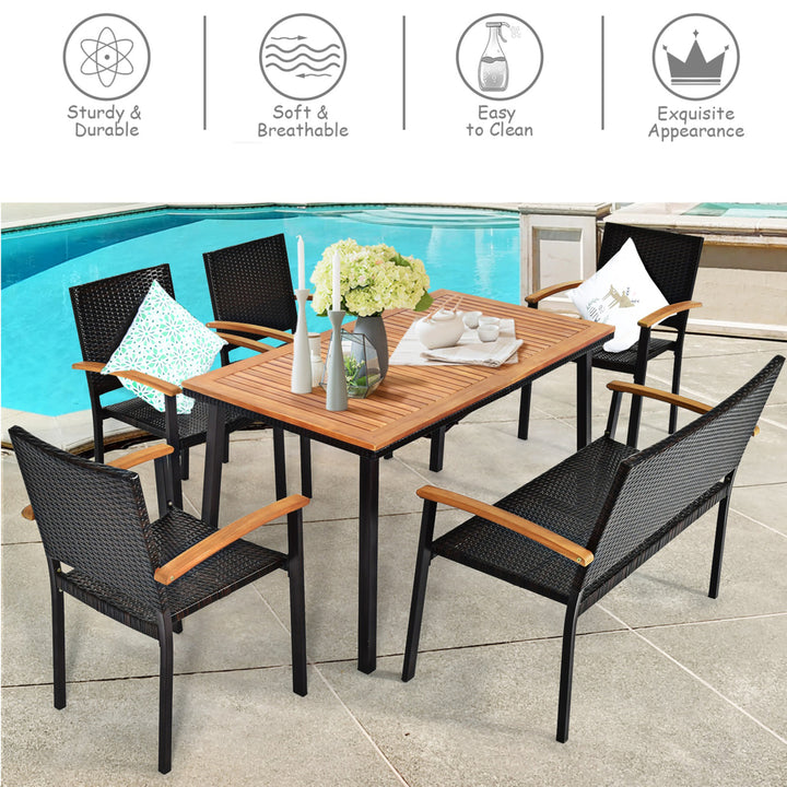 6PCS Rattan Outdoor Dining Set Patio Furniture Set w/ Wooden Tabletop Image 3