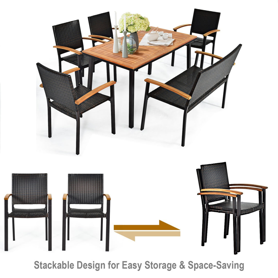 6PCS Rattan Outdoor Dining Set Patio Furniture Set w/ Wooden Tabletop Image 4