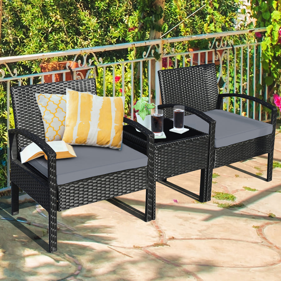 3PCS Patio Rattan Conversation Furniture Set Outdoor Yard w/ Grey Cushions Image 1