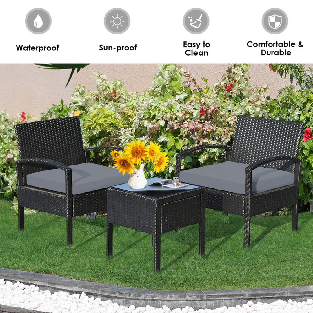 3PCS Patio Rattan Conversation Furniture Set Outdoor Yard w/ Grey Cushions Image 4