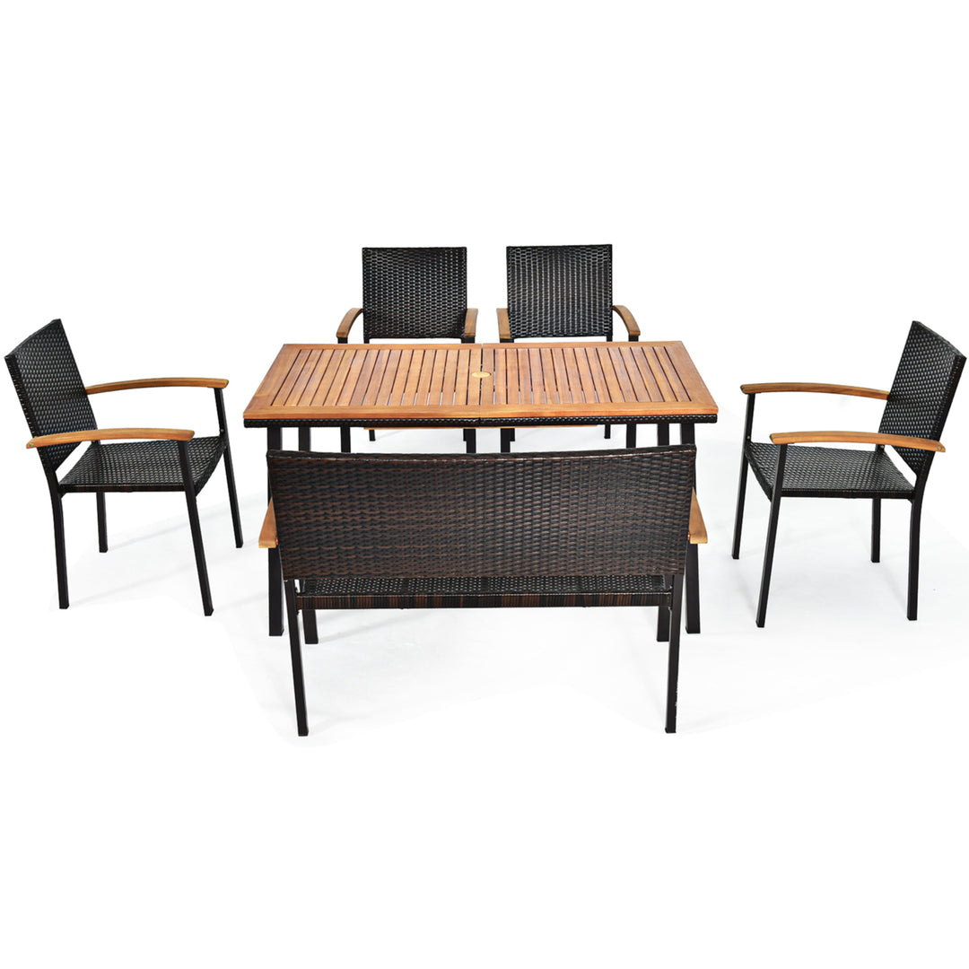 6PCS Rattan Outdoor Dining Set Patio Furniture Set w/ Wooden Tabletop Image 9