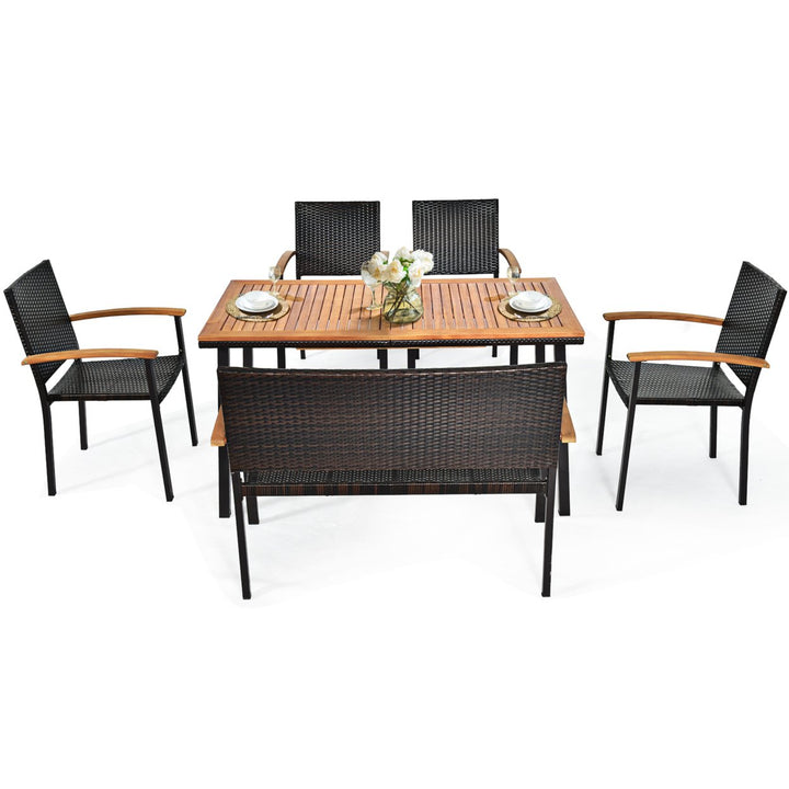 6PCS Rattan Outdoor Dining Set Patio Furniture Set w/ Wooden Tabletop Image 10