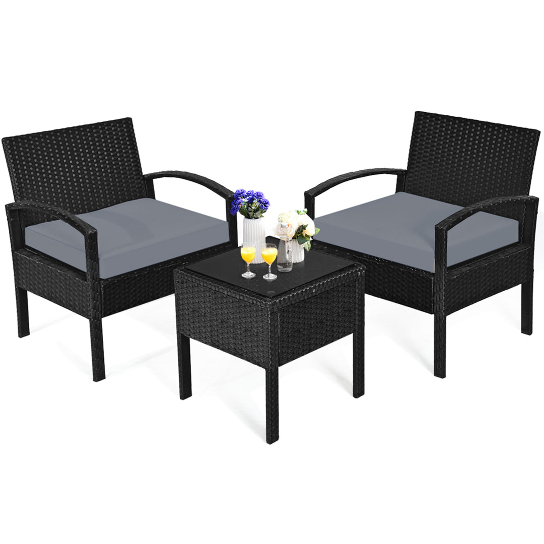 3PCS Patio Rattan Conversation Furniture Set Outdoor Yard w/ Grey Cushions Image 10