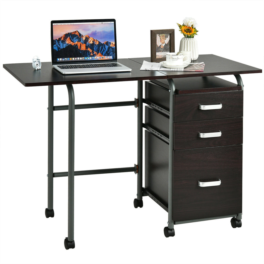 Folding Computer Laptop Desk Wheeled Home Office Furniture w/3 Drawers Brown Image 1