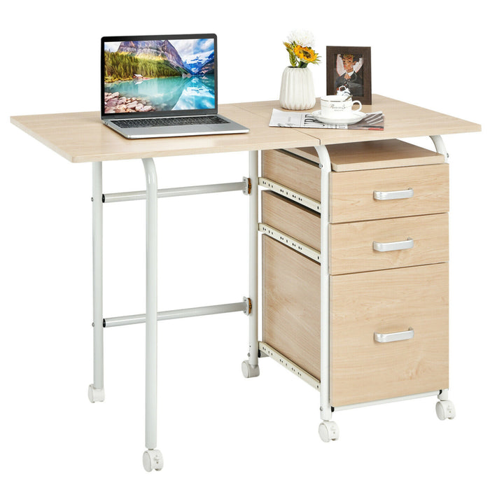 Folding Computer Laptop Desk Wheeled Home Office Furniture With 3 Drawers Image 1