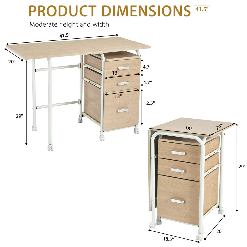 Folding Computer Laptop Desk Wheeled Home Office Furniture With 3 Drawers Image 2