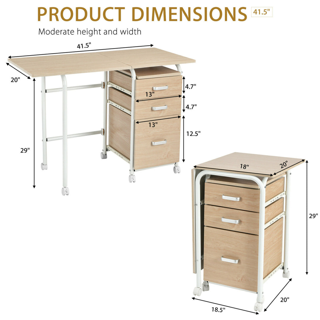 Folding Computer Laptop Desk Wheeled Home Office Furniture With 3 Drawers Image 2