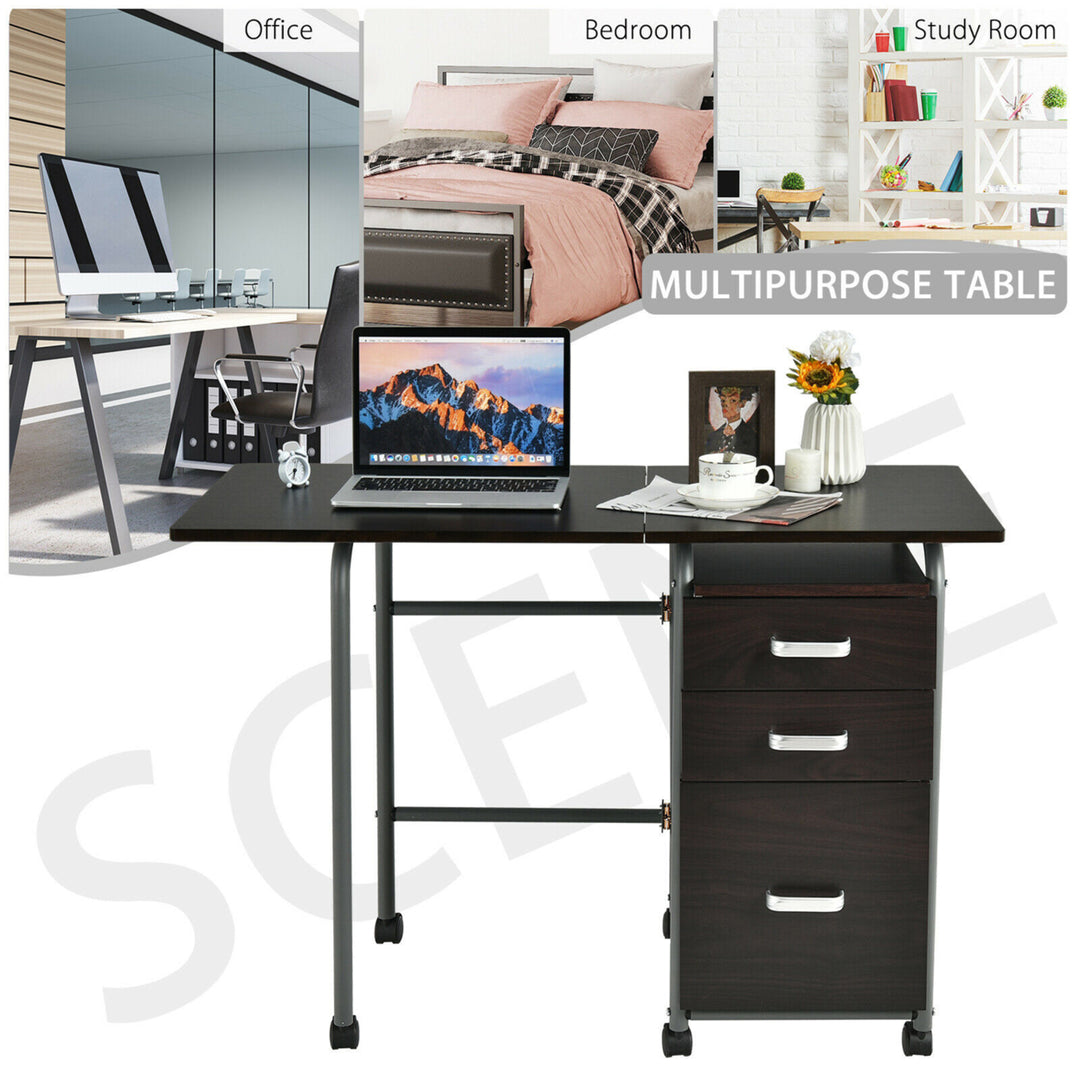 Folding Computer Laptop Desk Wheeled Home Office Furniture w/3 Drawers Brown Image 5