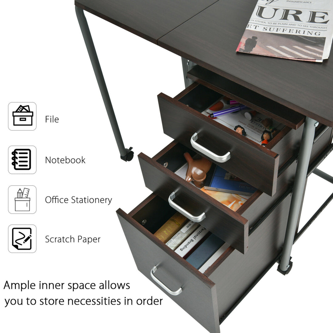 Folding Computer Laptop Desk Wheeled Home Office Furniture w/3 Drawers Brown Image 7